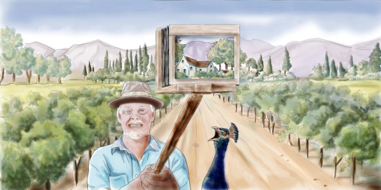 2D water painting for animated commercial with a man standing next to a peacock in a wine field holding an olden style photography camera